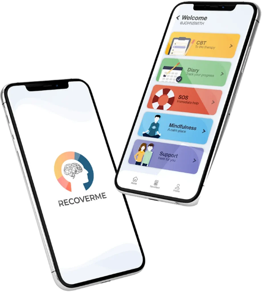 mobile phones showing the RECOVERME app